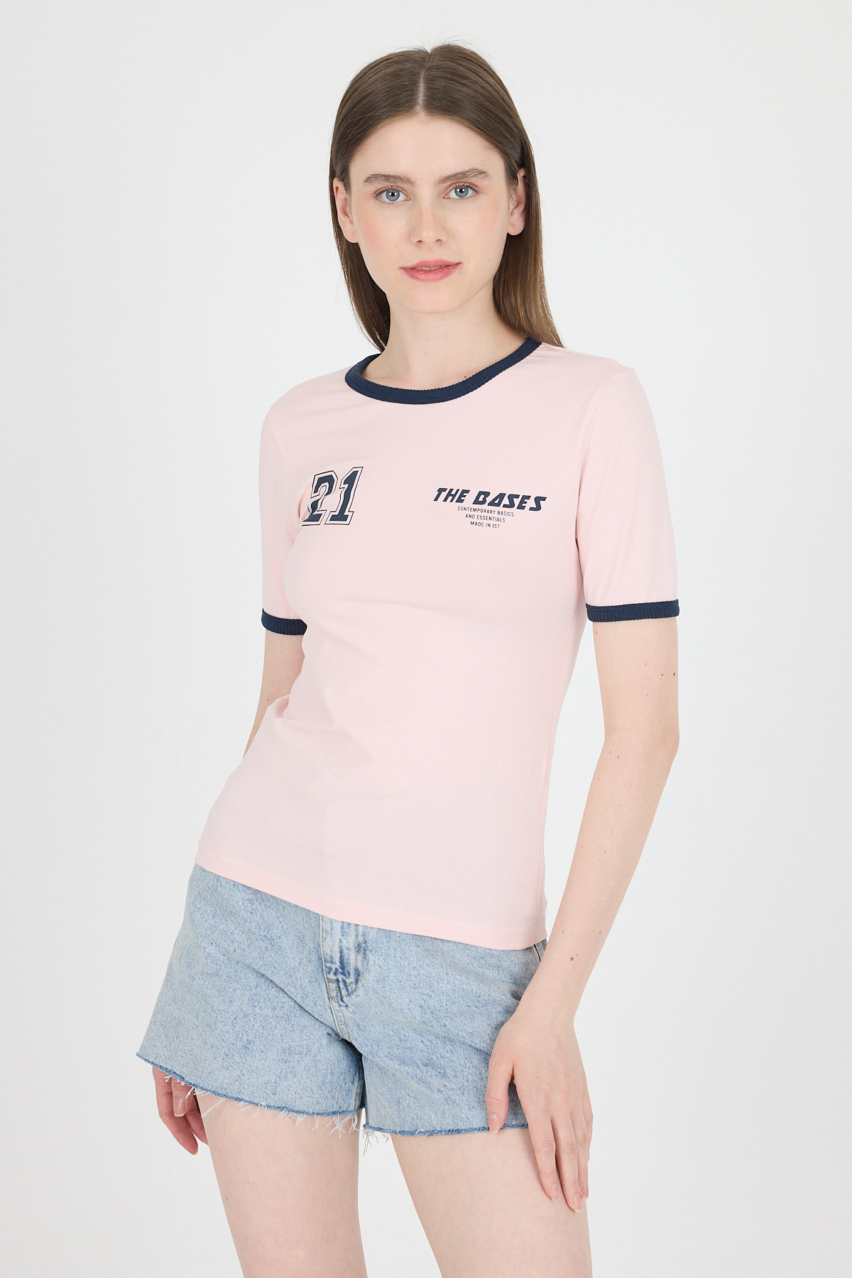 Pudra Ribanalı Yazı Baskılı Slim Fit Tişört 5981 - 6