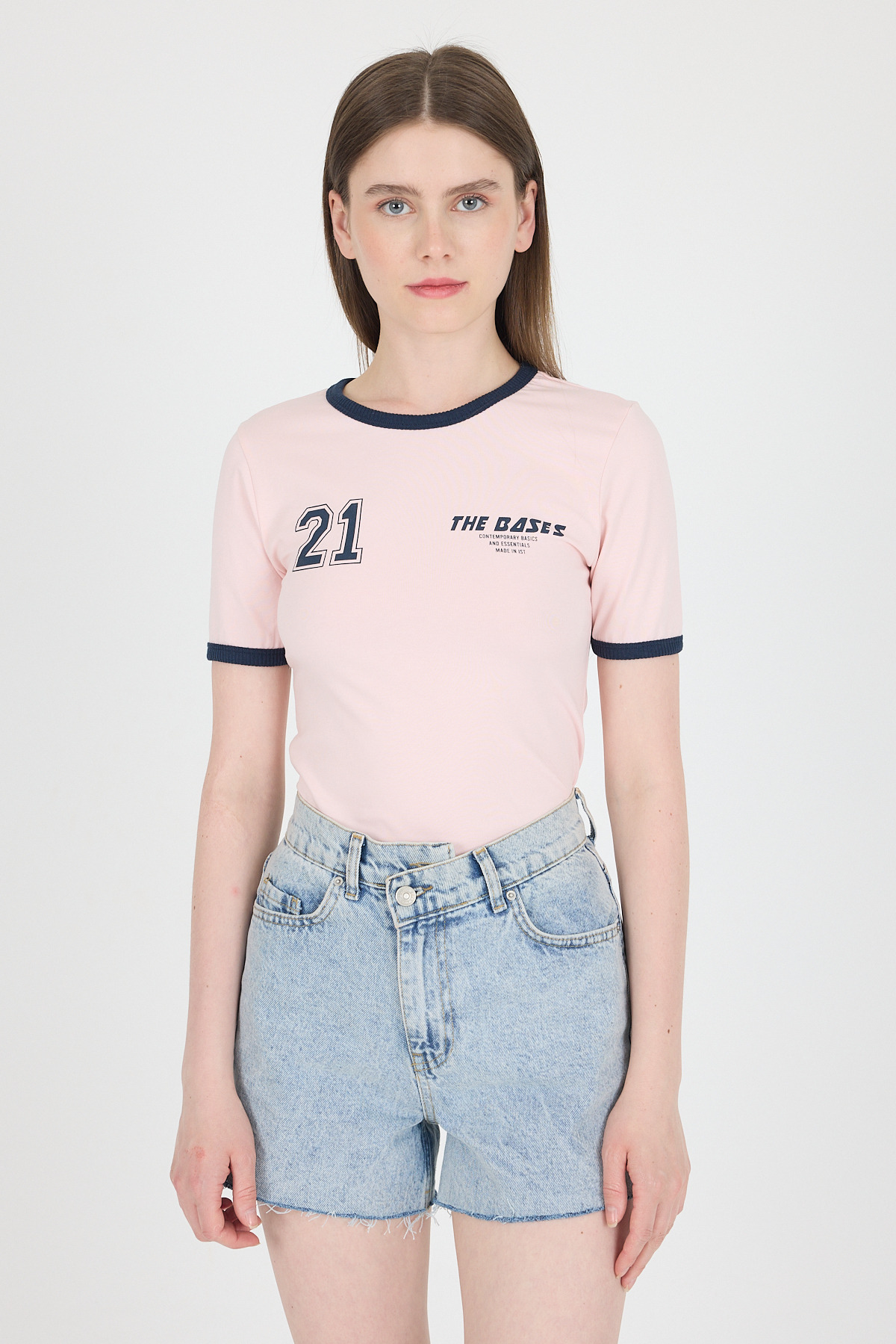 Pudra Ribanalı Yazı Baskılı Slim Fit Tişört 5981 - RAYS