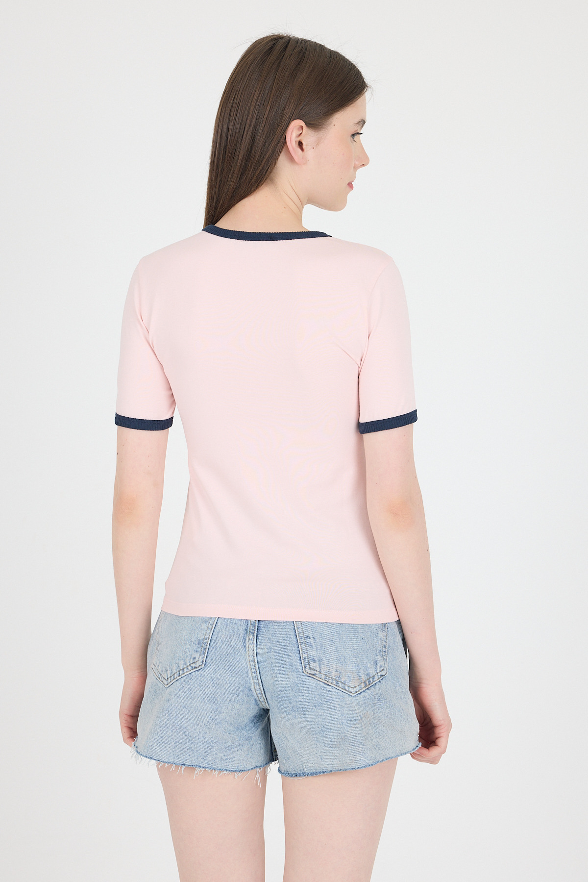 Pudra Ribanalı Yazı Baskılı Slim Fit Tişört 5981 - 5