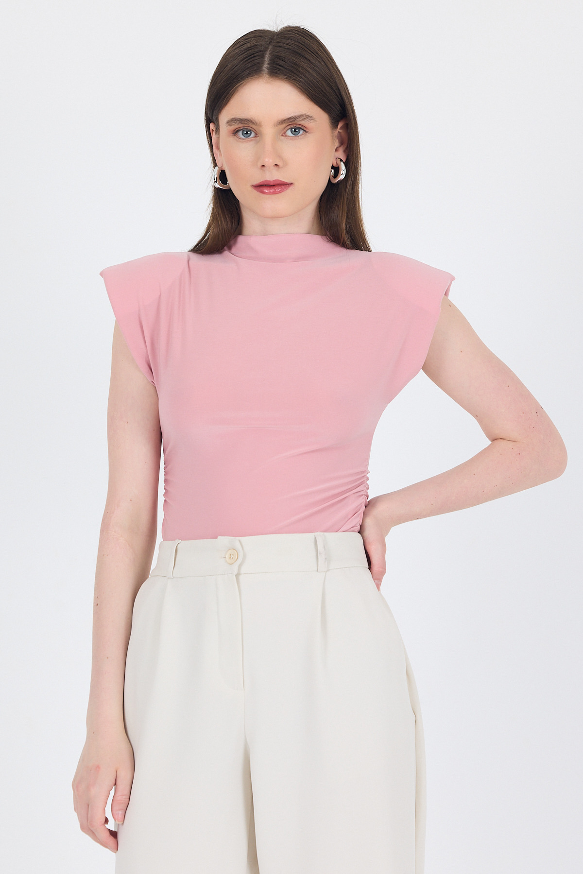 Pudra Vatkalı Dik Yaka Drapeli Bluz 13185 