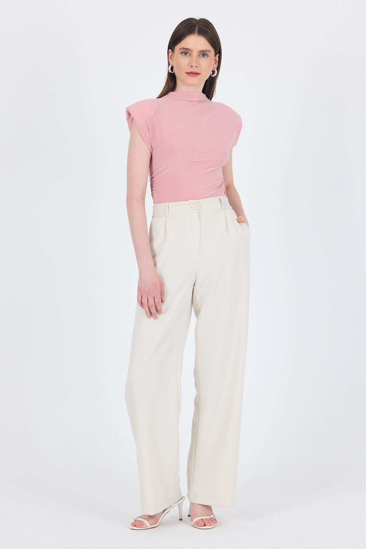 Pudra Vatkalı Dik Yaka Drapeli Bluz 13185 - 3