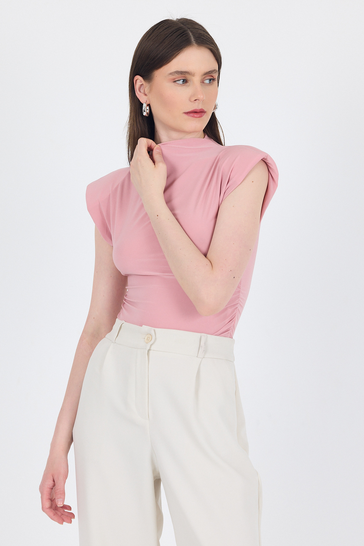 Pudra Vatkalı Dik Yaka Drapeli Bluz 13185 - 6