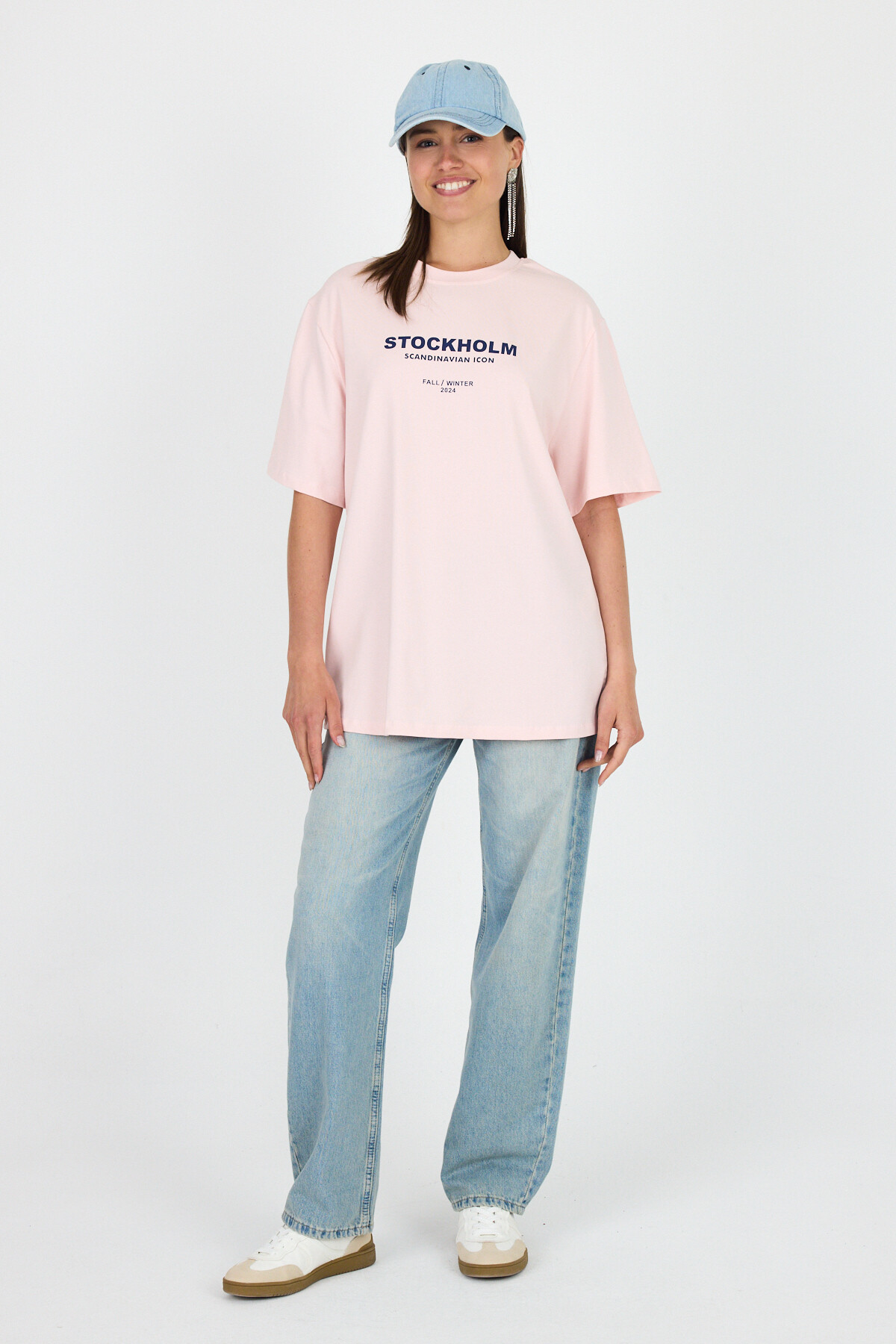 Pudra Yazı Baskılı Bisiklet Yaka Oversize Tişört 6056 - RAYS