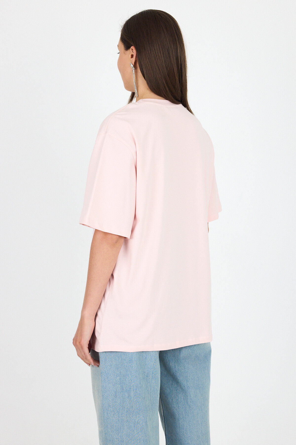 Pudra Yazı Baskılı Bisiklet Yaka Oversize Tişört 6056 - 5