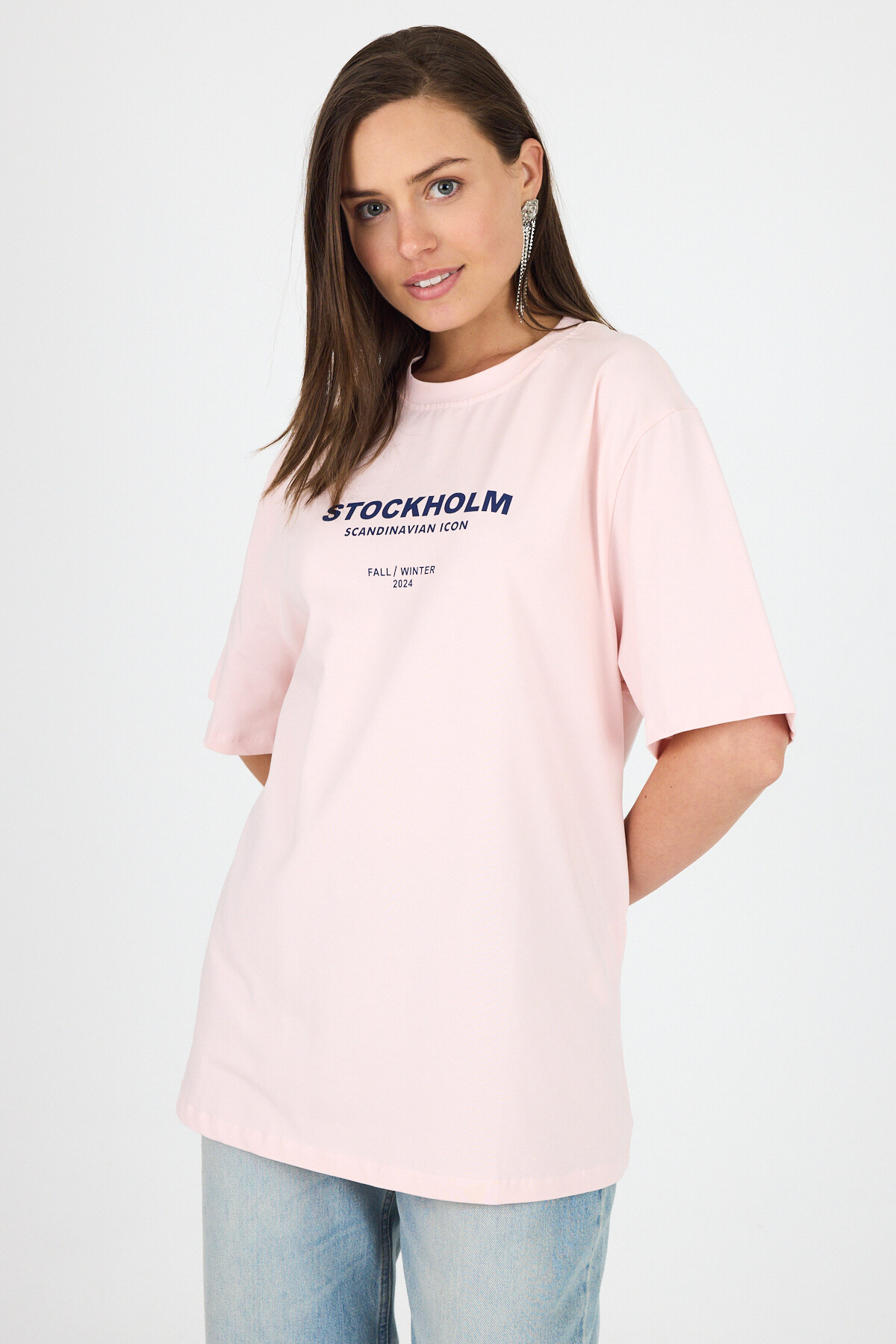 Pudra Yazı Baskılı Bisiklet Yaka Oversize Tişört 6056 - 2