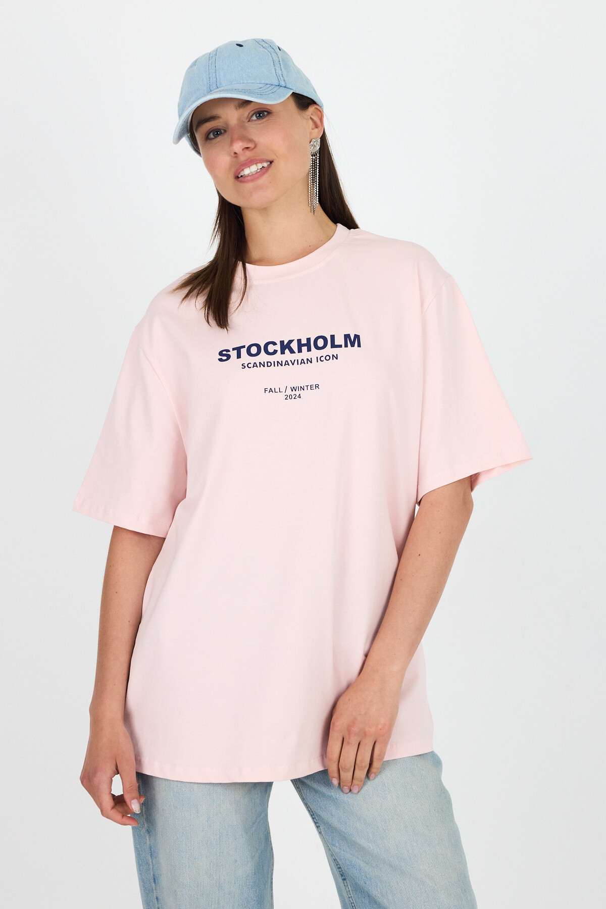 Pudra Yazı Baskılı Bisiklet Yaka Oversize Tişört 6056 - 1