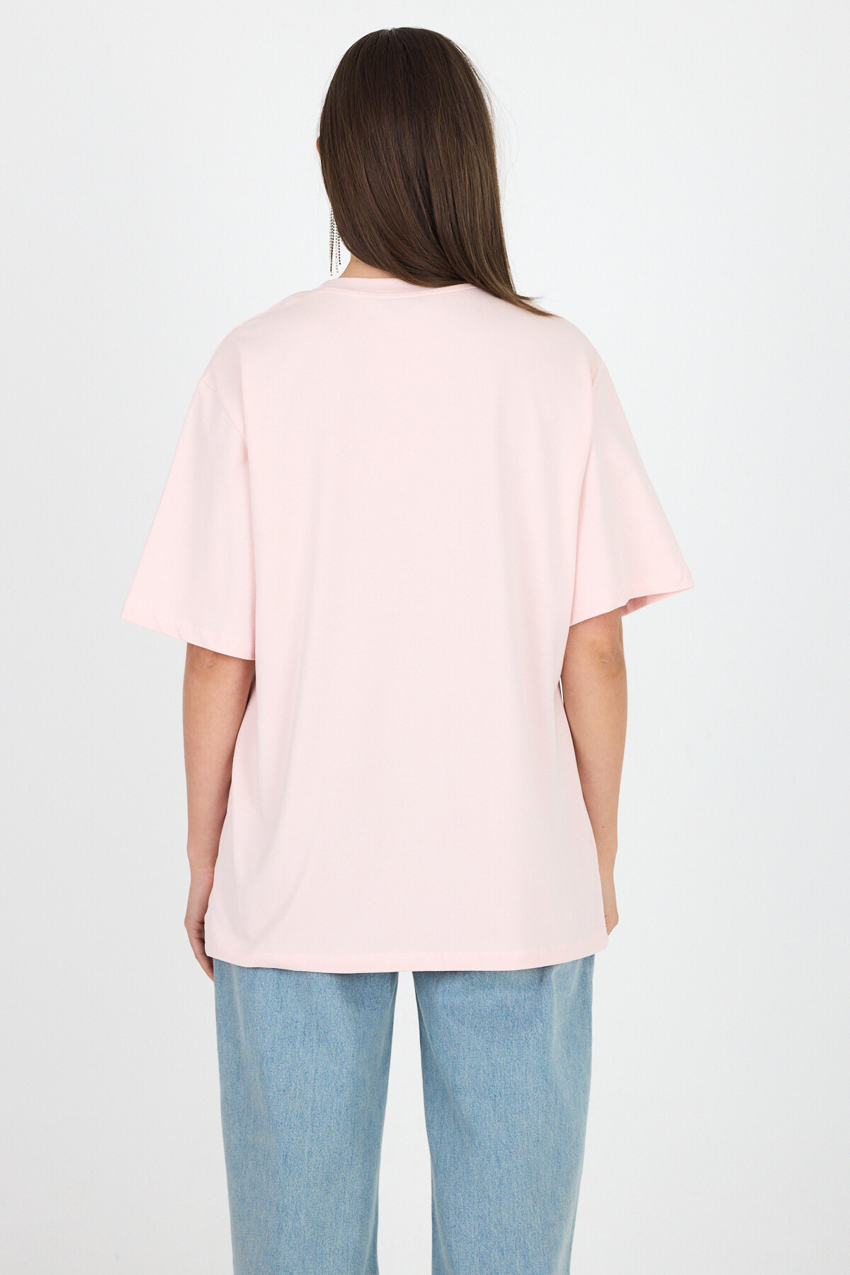 Pudra Yazı Baskılı Bisiklet Yaka Oversize Tişört 6056 - 6