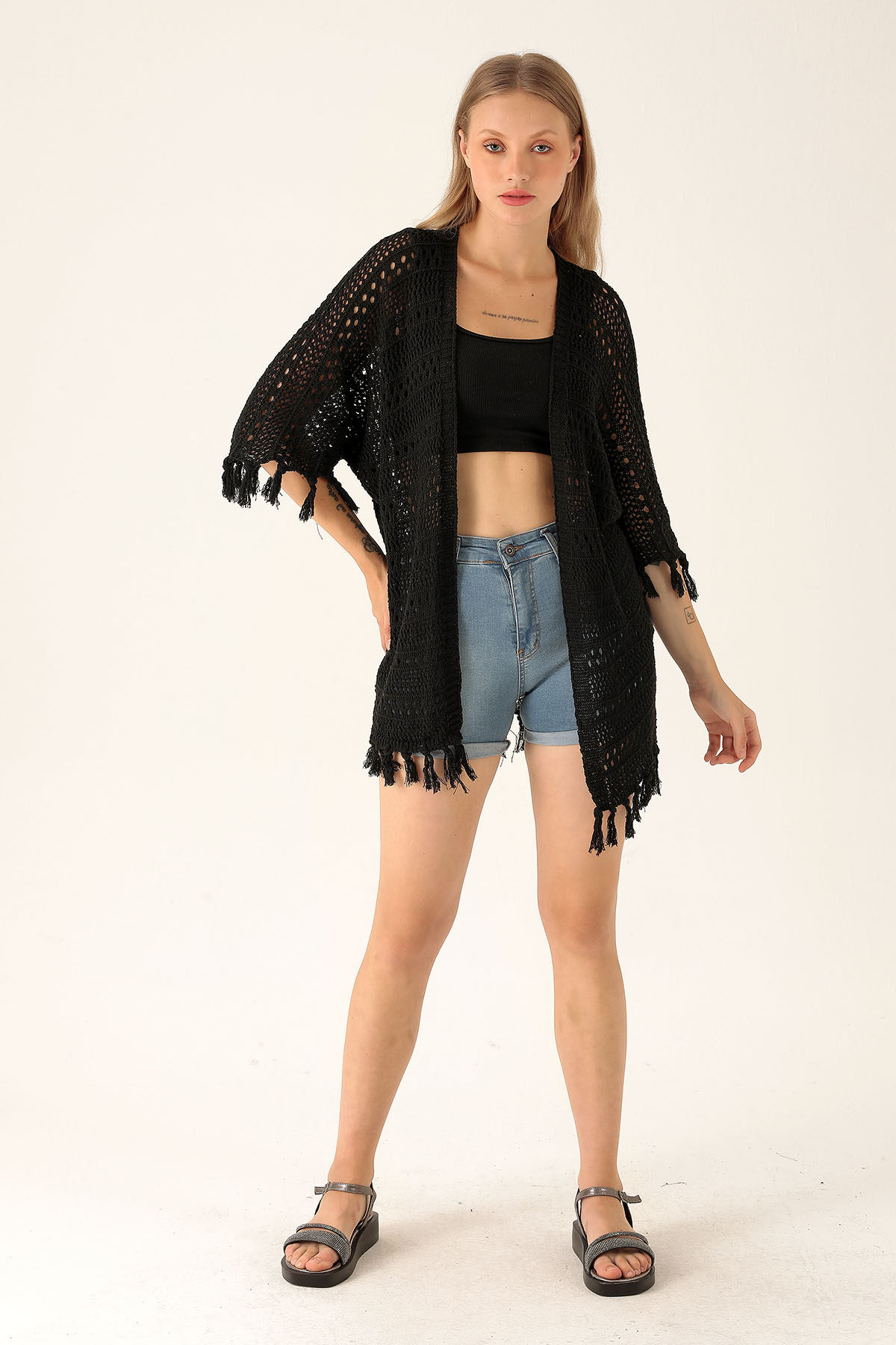 Püskül Detay Delikli Bayan Hırka - 1485 Siyah - 4