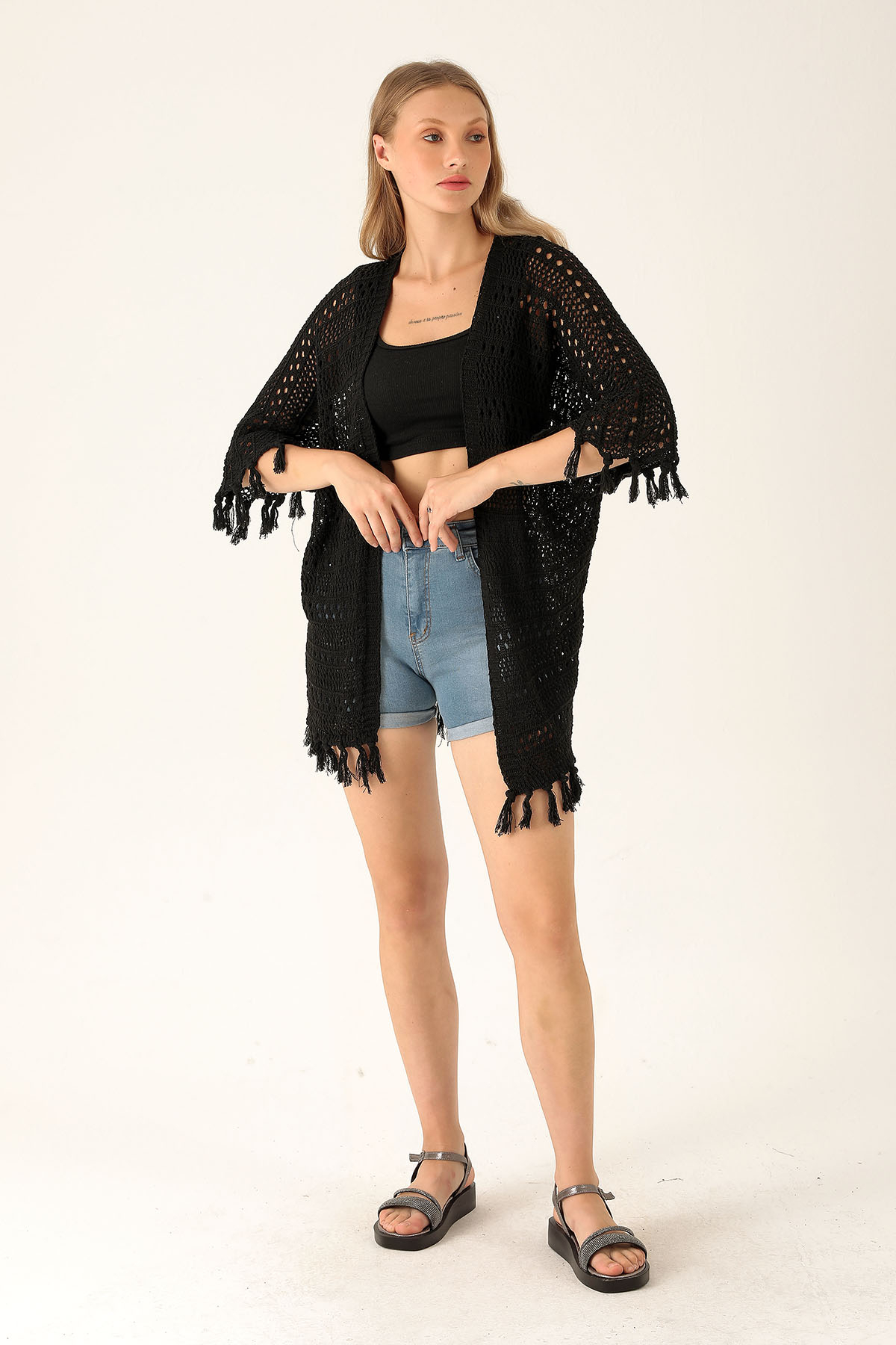 Püskül Detay Delikli Bayan Hırka - 1485 Siyah - 5