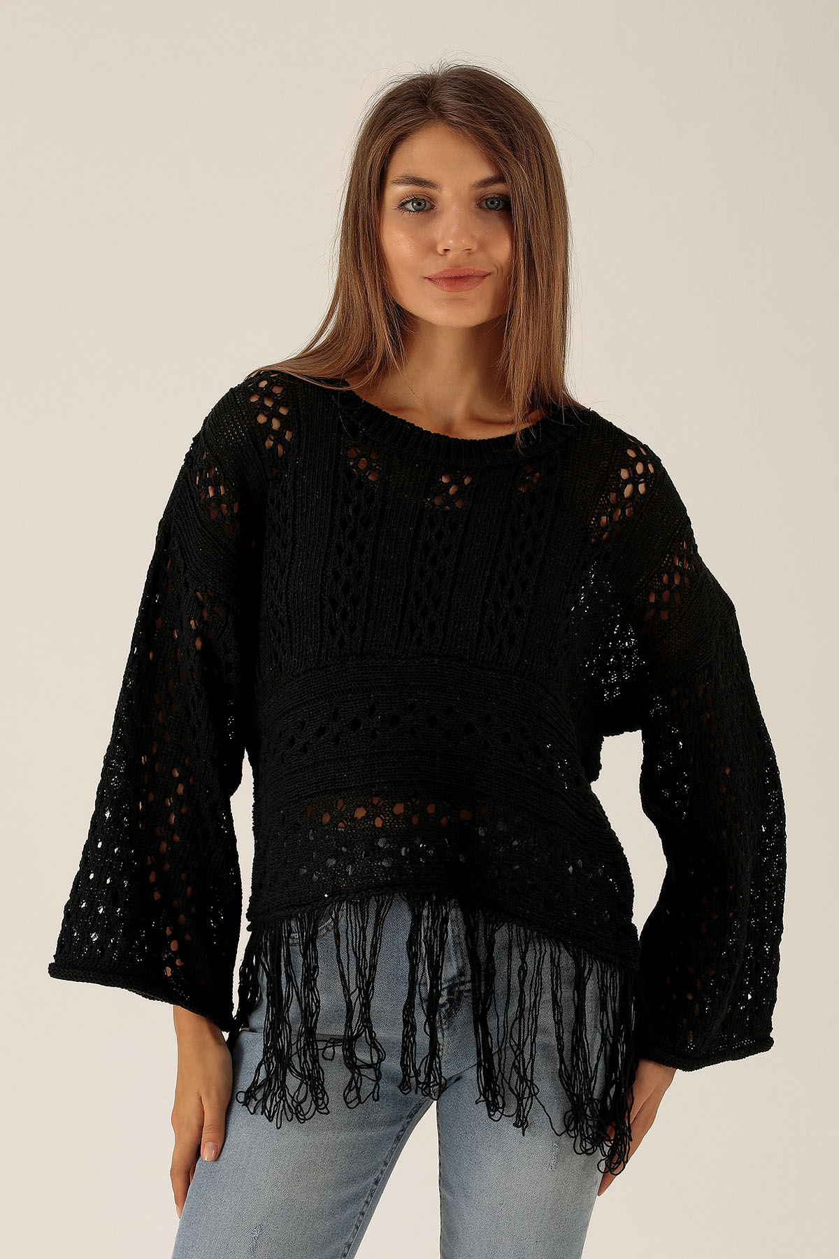 Püskül Detaylı Bayan Kazak - 1527 Siyah - 2