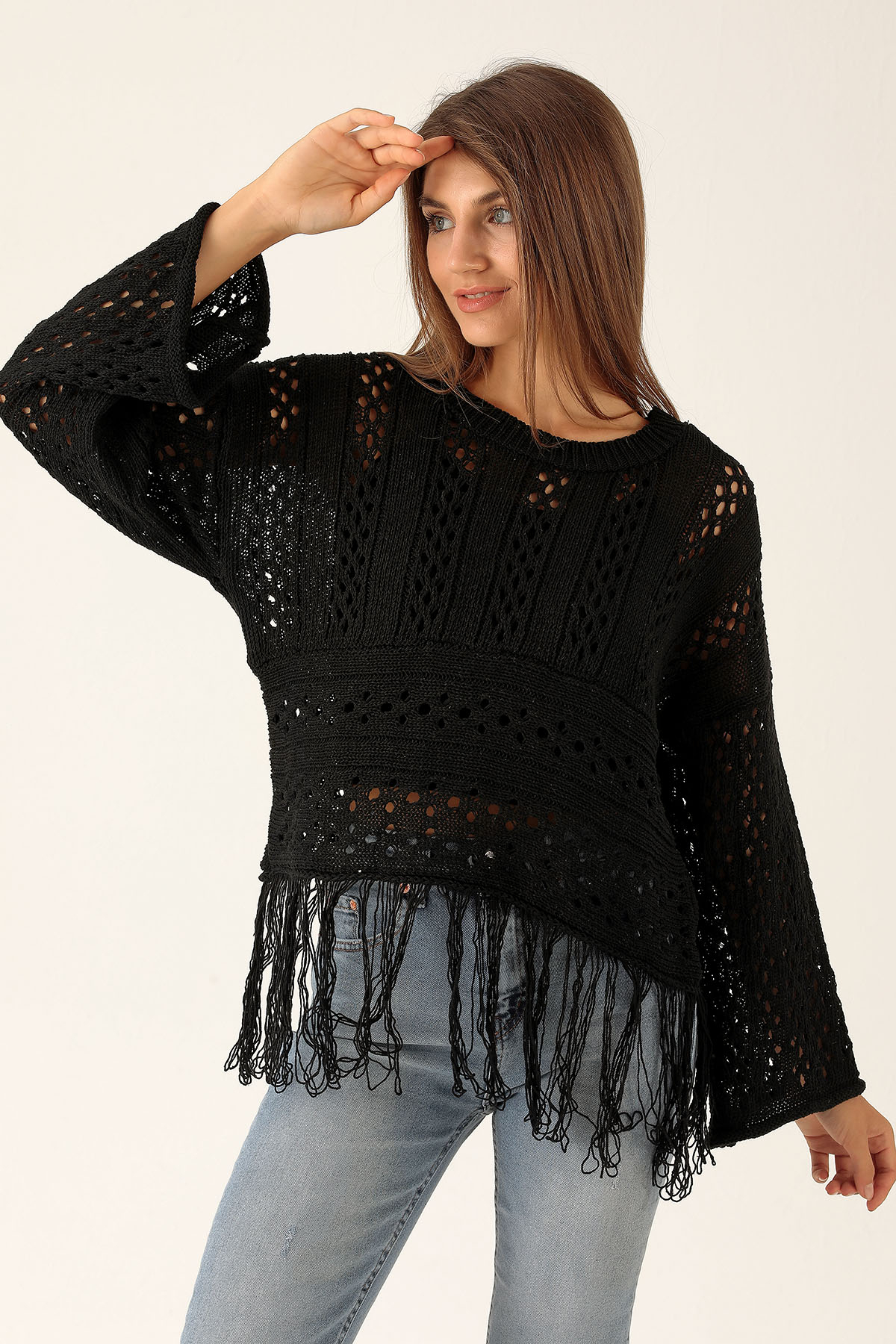 Püskül Detaylı Bayan Kazak - 1527 Siyah - 1