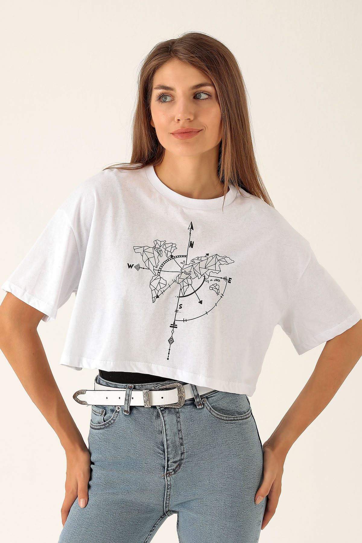 Pusula Baskı Bayan Atletli Tişört - 9360 Beyaz 