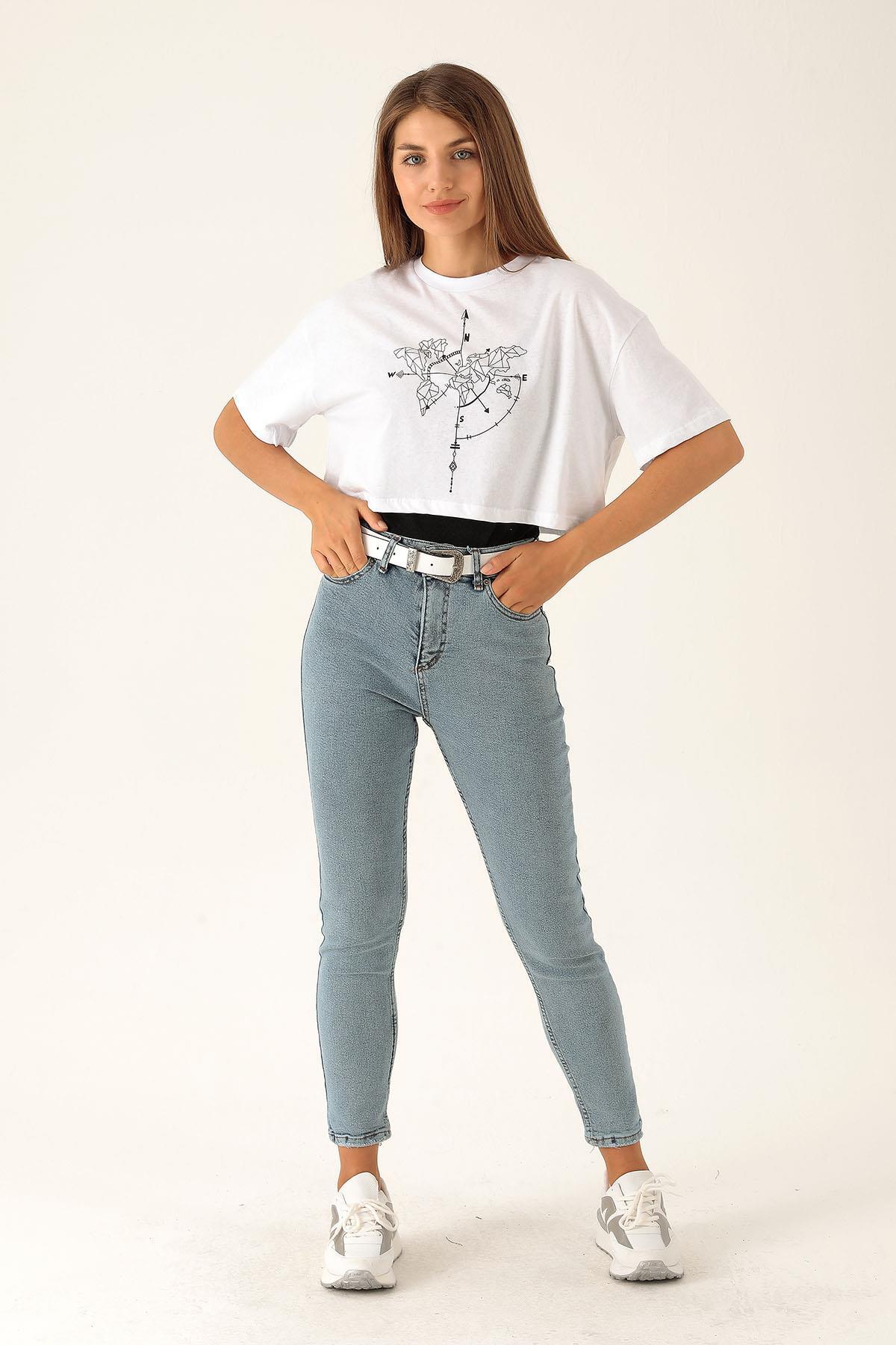 Pusula Baskı Bayan Atletli Tişört - 9360 Beyaz - 2