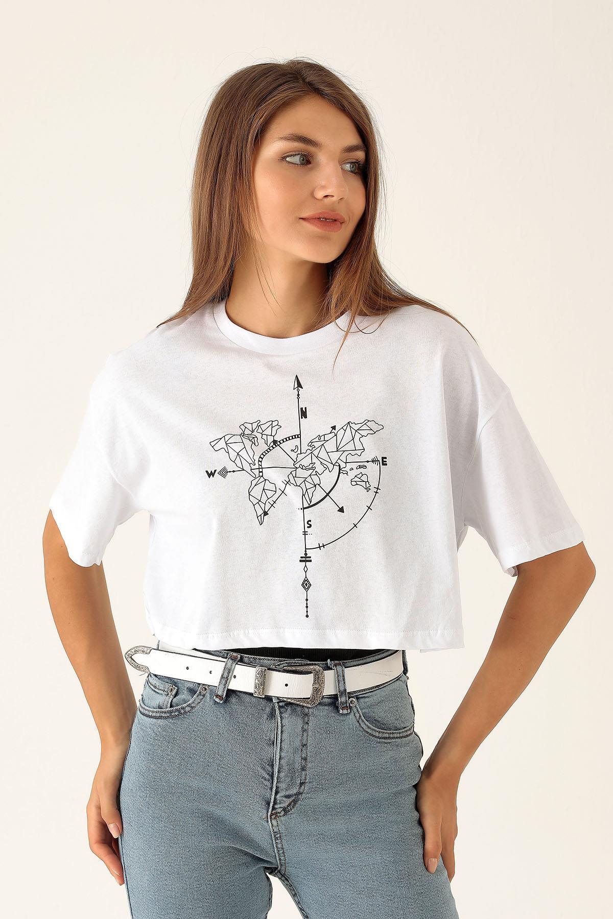 Pusula Baskı Bayan Atletli Tişört - 9360 Beyaz - 4