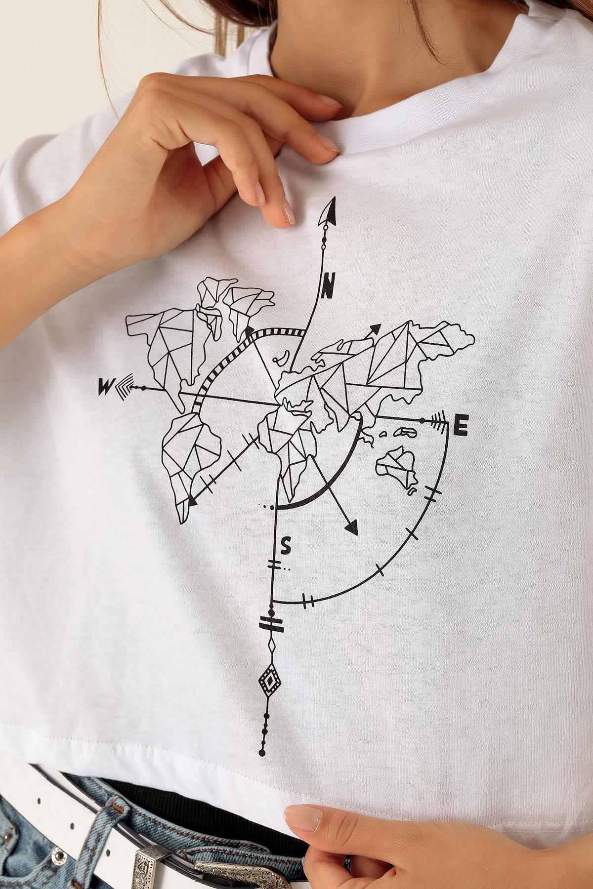 Pusula Baskı Bayan Atletli Tişört - 9360 Beyaz - 6