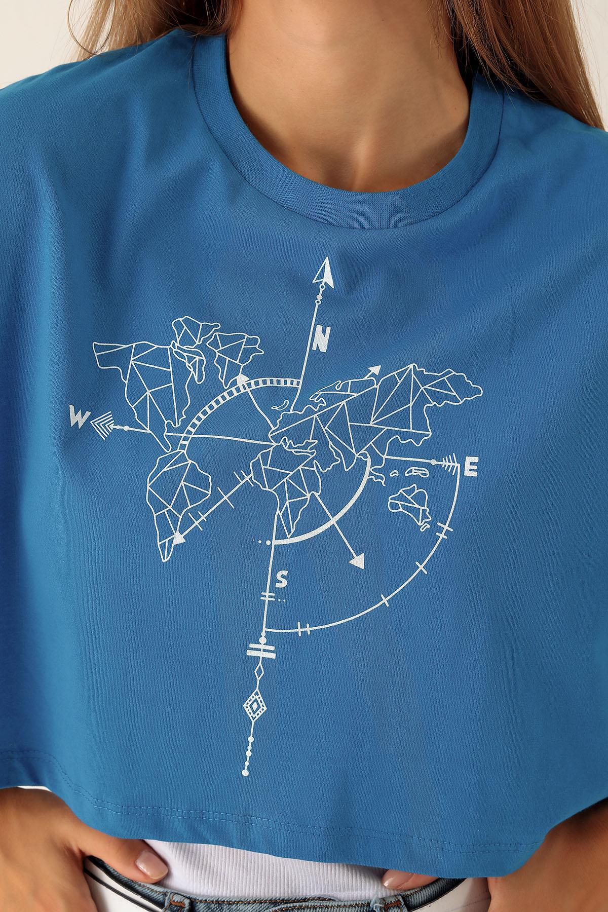 Pusula Baskı Bayan Atletli Tişört - 9360 Mavi - 2