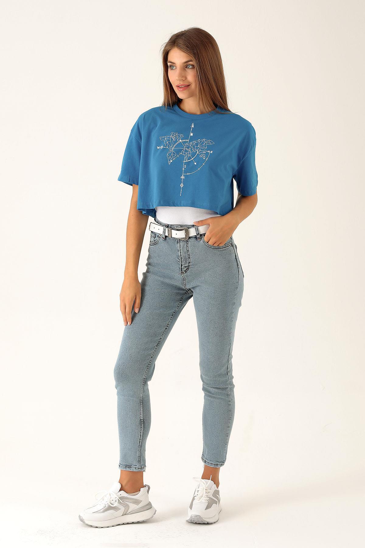 Pusula Baskı Bayan Atletli Tişört - 9360 Mavi - 3