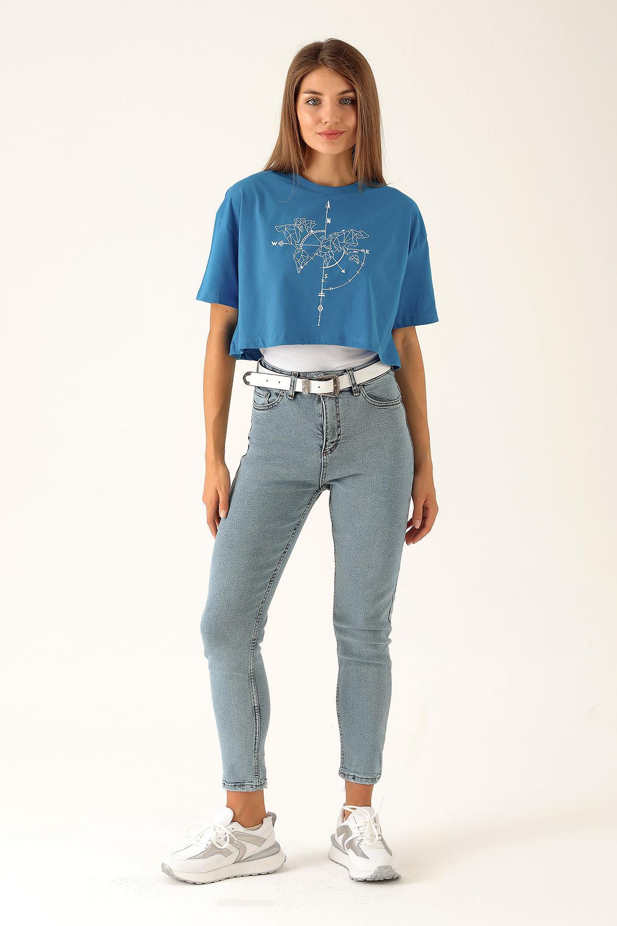Pusula Baskı Bayan Atletli Tişört - 9360 Mavi - 4