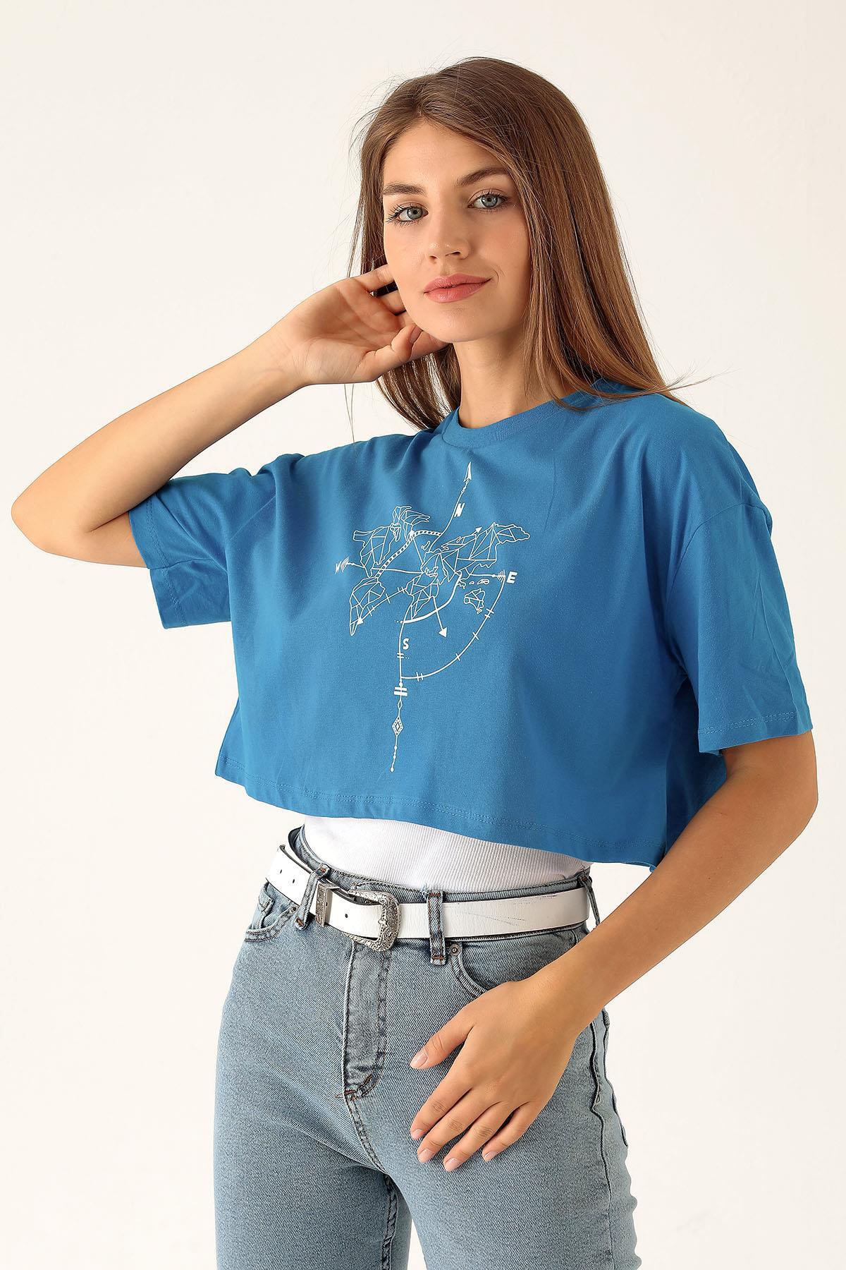 Pusula Baskı Bayan Atletli Tişört - 9360 Mavi - 5