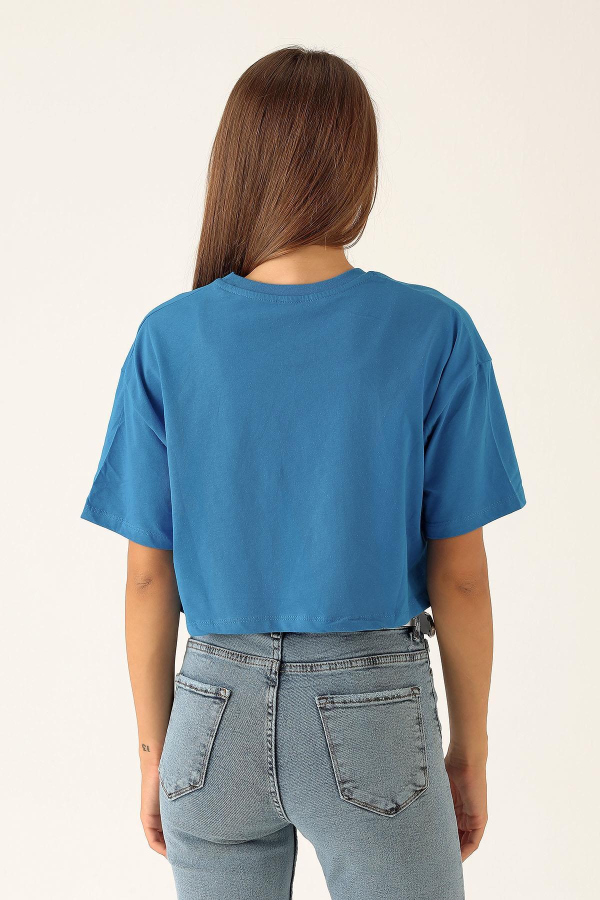 Pusula Baskı Bayan Atletli Tişört - 9360 Mavi - 6