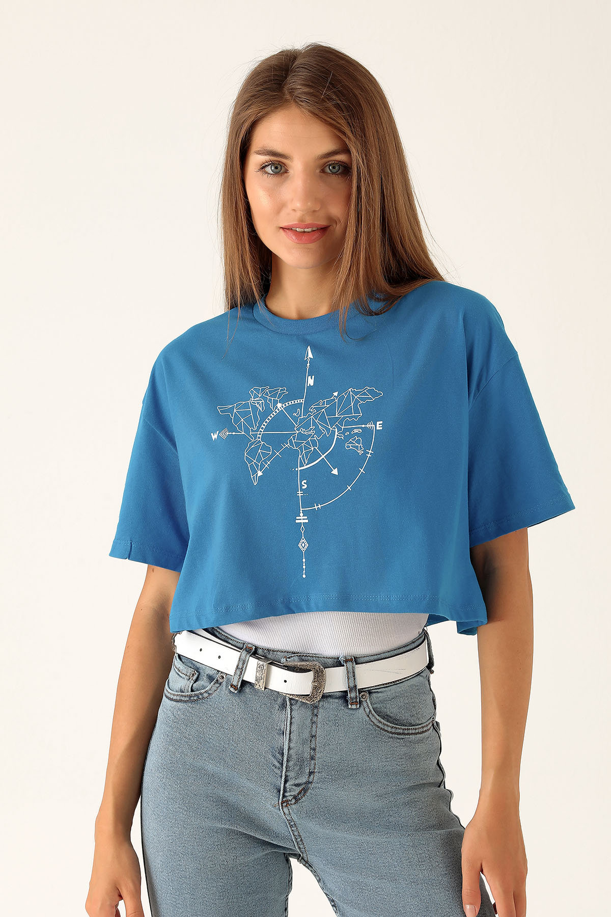 Pusula Baskı Bayan Atletli Tişört - 9360 Mavi - 1