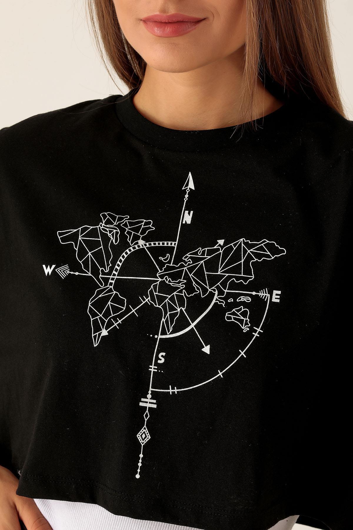 Pusula Baskı Bayan Atletli Tişört - 9360 Siyah - 3