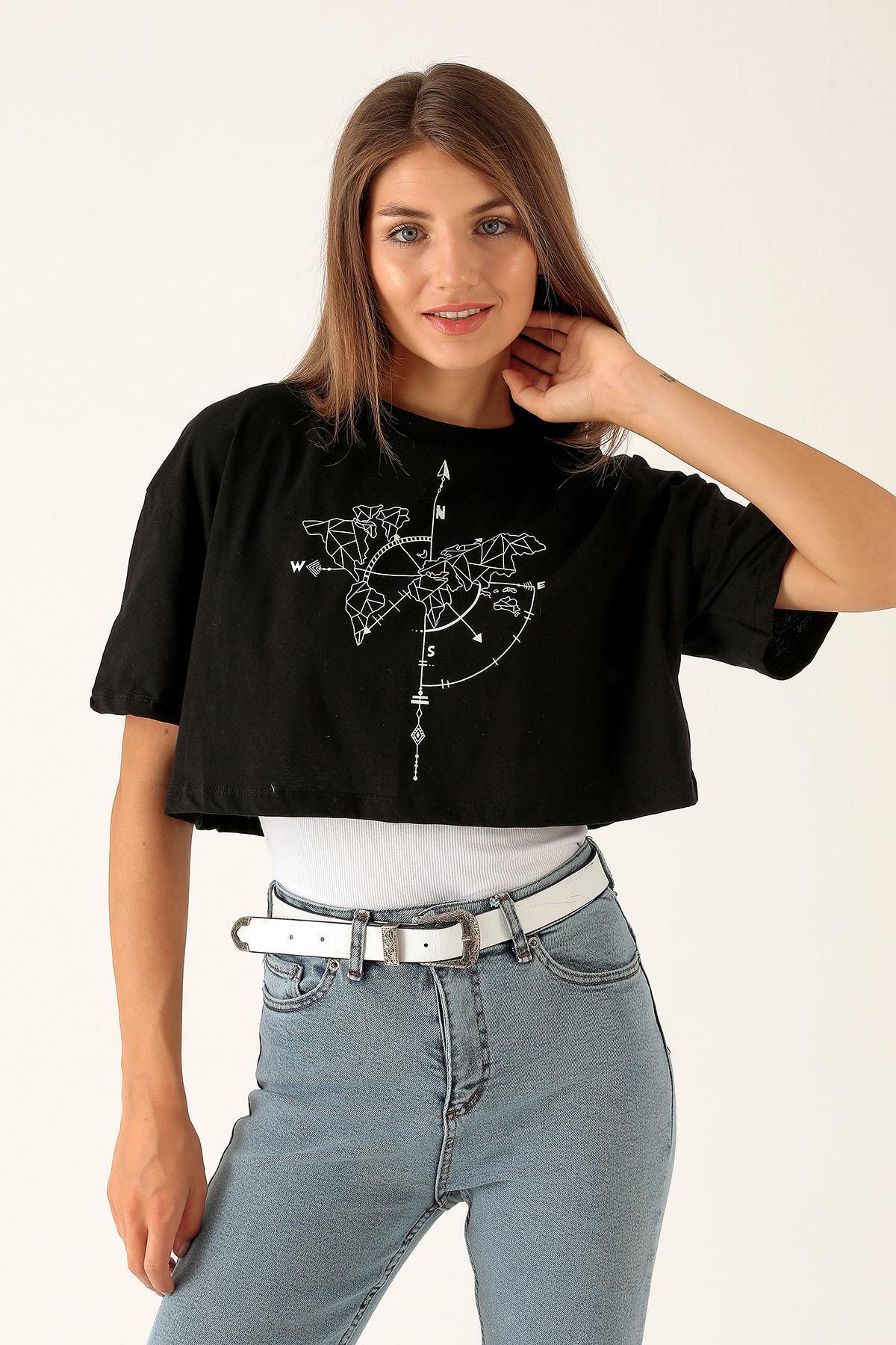 Pusula Baskı Bayan Atletli Tişört - 9360 Siyah 