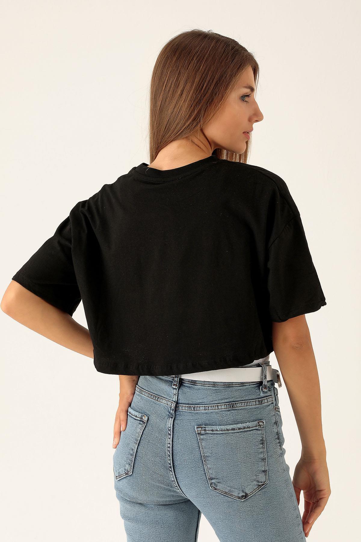 Pusula Baskı Bayan Atletli Tişört - 9360 Siyah - 6