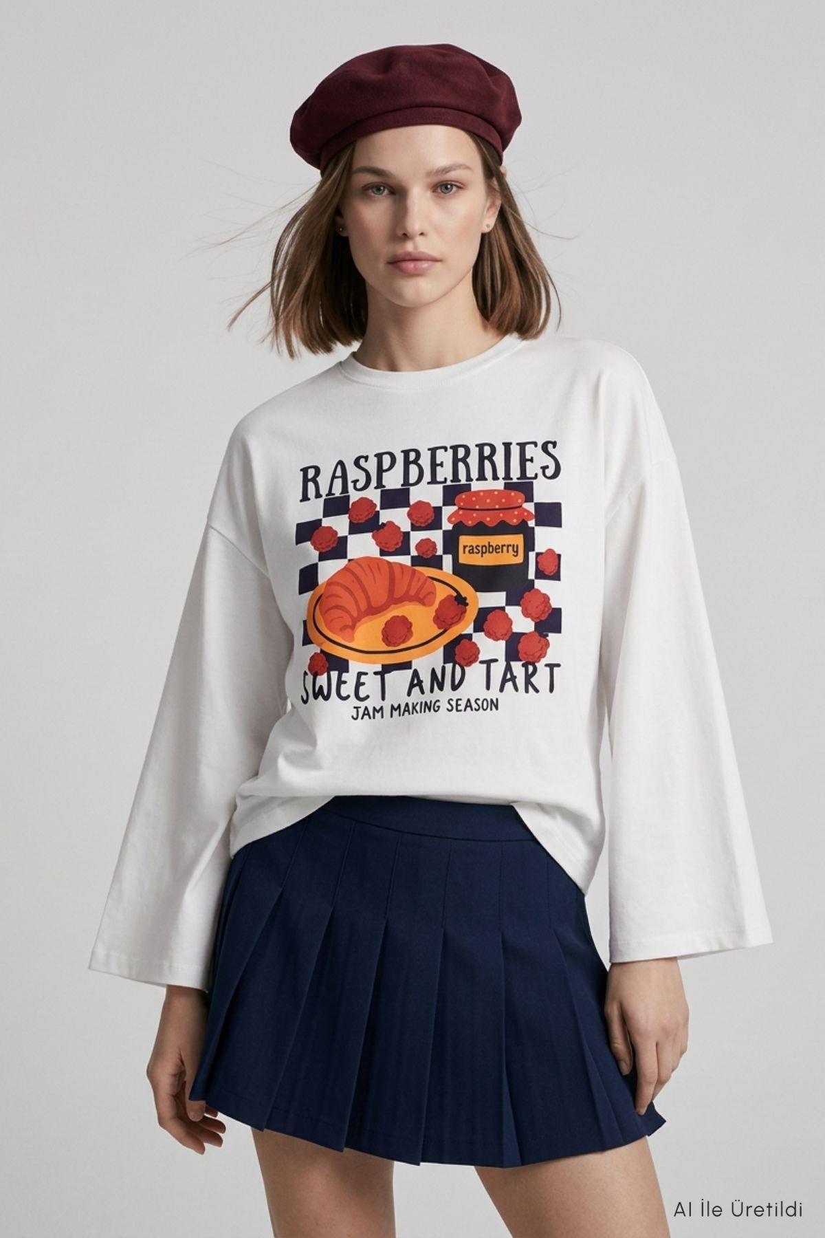 Raspberries Baskılı Geniş Kol Oversize Body 31152 Ekru - RAYS