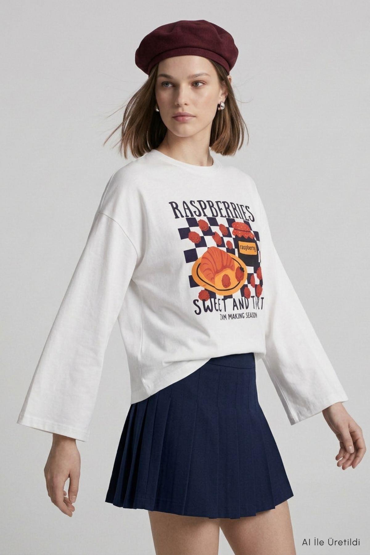 Raspberries Baskılı Geniş Kol Oversize Body 31152 Ekru - RAYS (1)