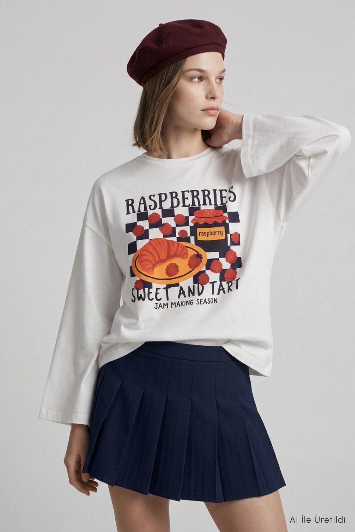 Raspberries Baskılı Geniş Kol Oversize Body 31152 Ekru - 3