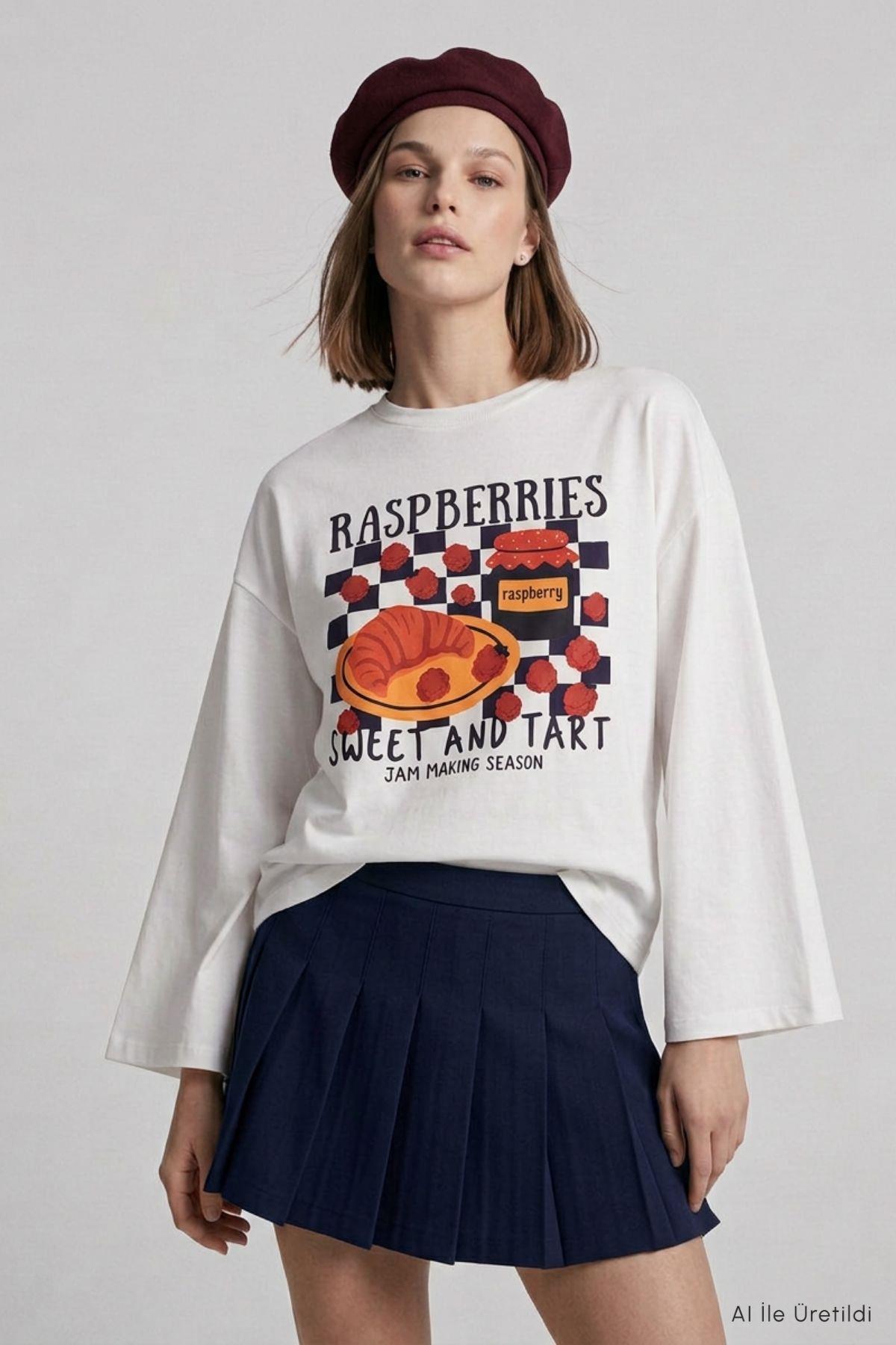 Raspberries Baskılı Geniş Kol Oversize Body 31152 Ekru - RAYS