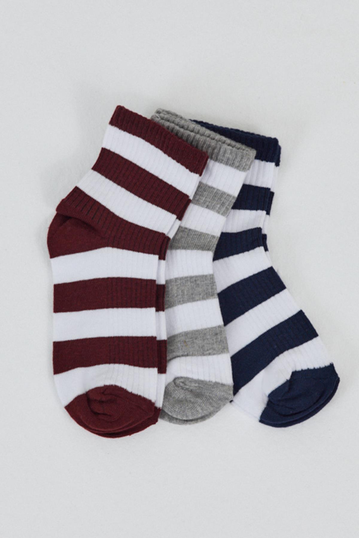 Renkli 3'lü Çizgili Soket Çorap 1022 - 1