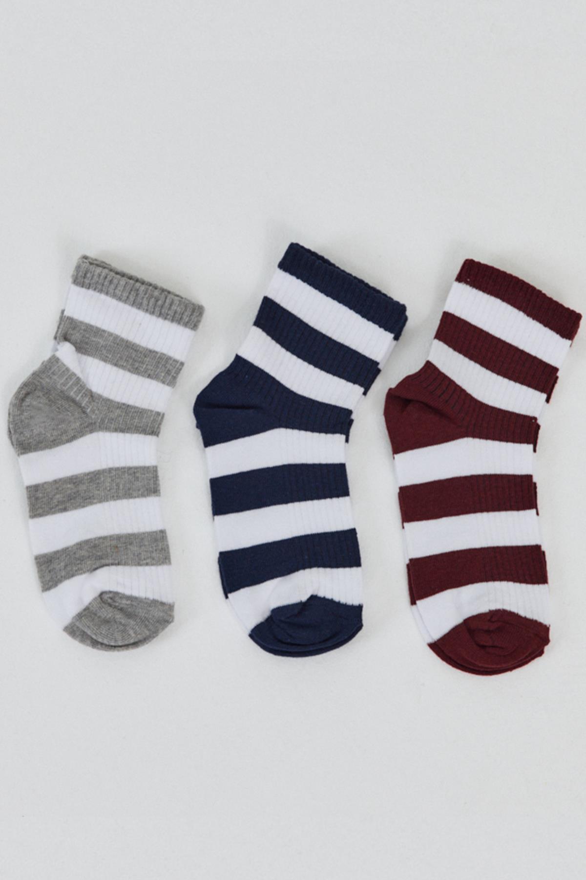 Renkli 3'lü Çizgili Soket Çorap 1022 - 3