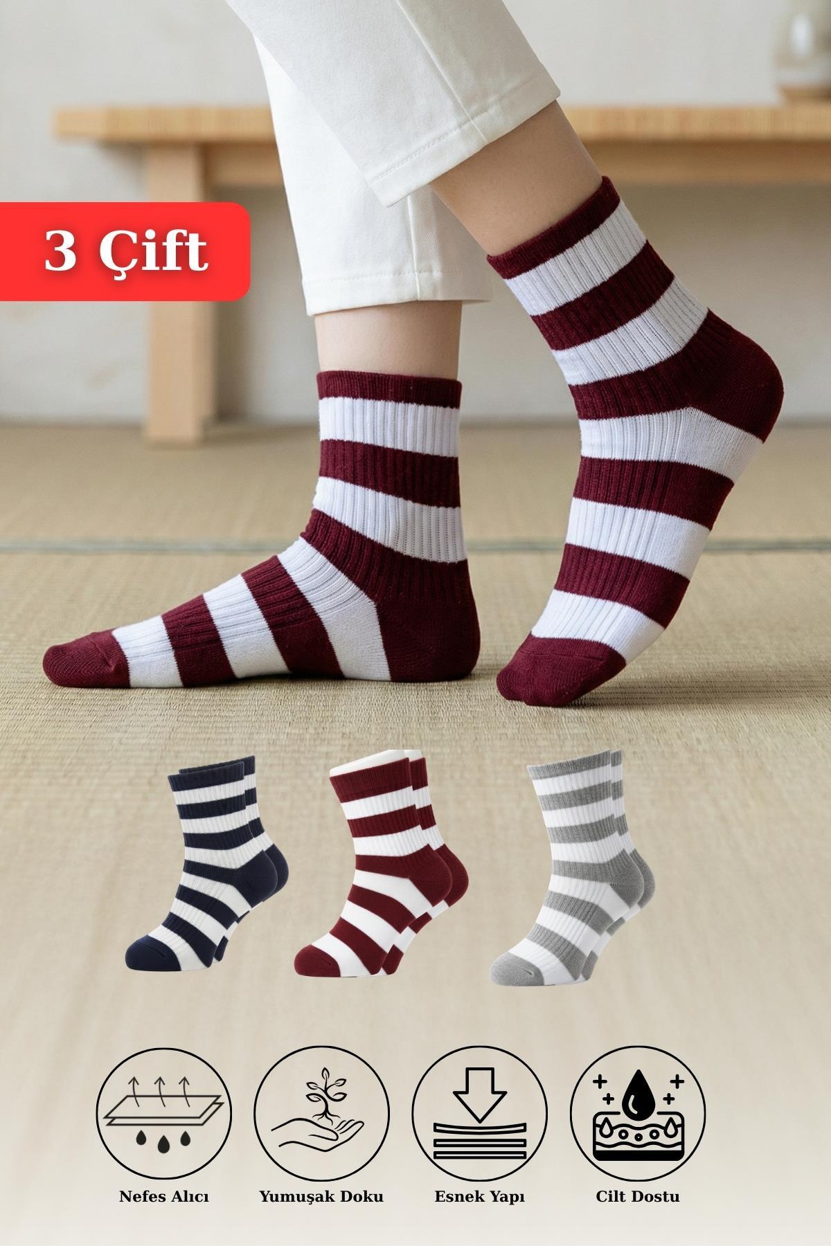 Renkli 3'lü Çizgili Soket Çorap 1022 - RAYS