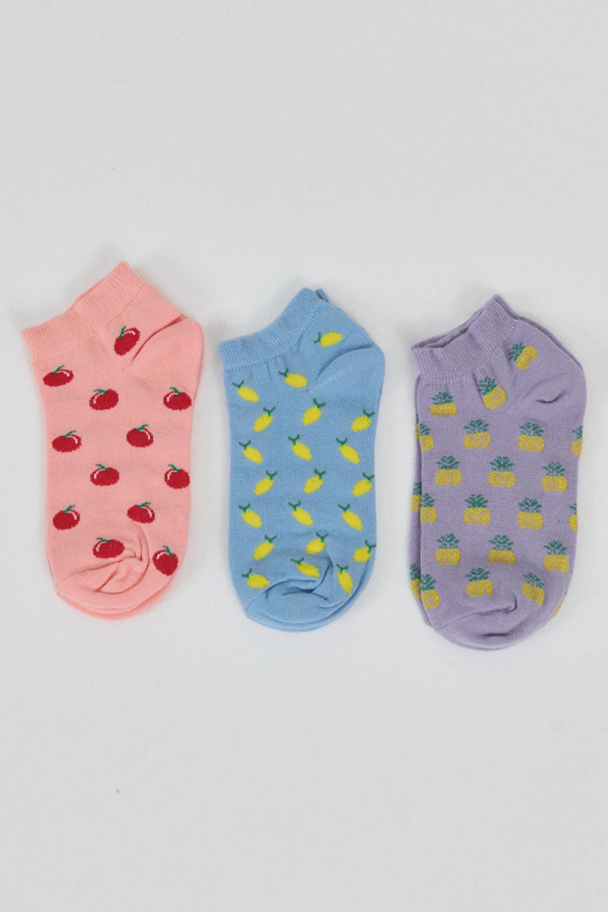 Renkli 3'lü Meyve Desenli Örme Patik Çorap 1117 - RAYS