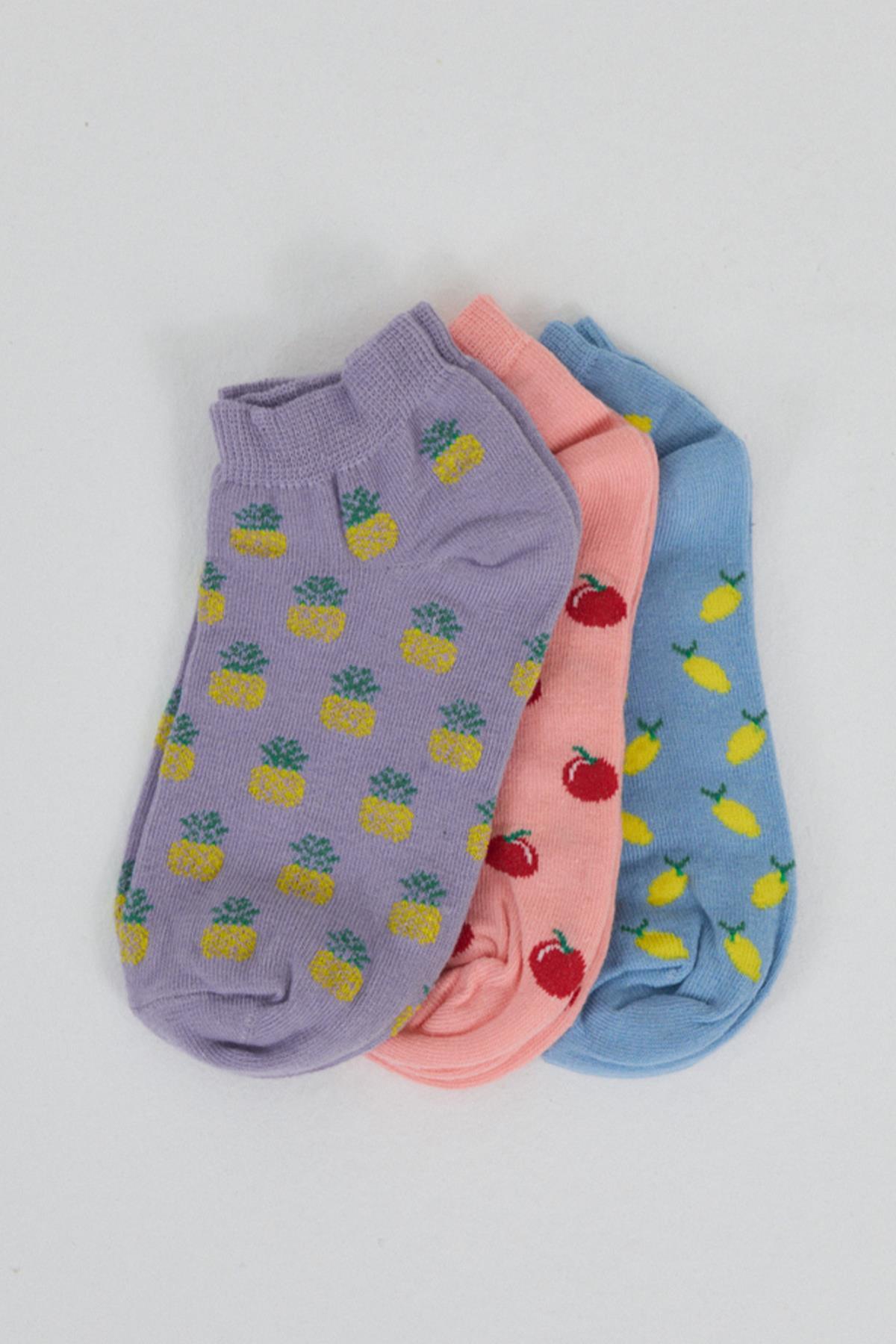 Renkli 3'lü Meyve Desenli Örme Patik Çorap 1117 - 1