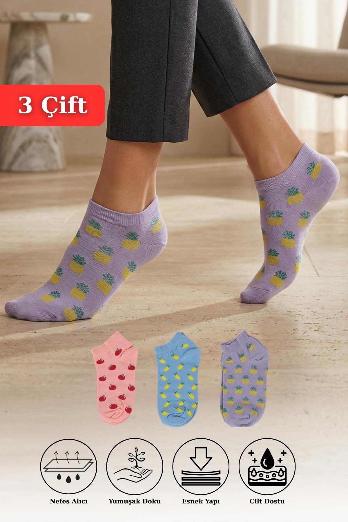 Renkli 3'lü Meyve Desenli Örme Patik Çorap 1117 - RAYS