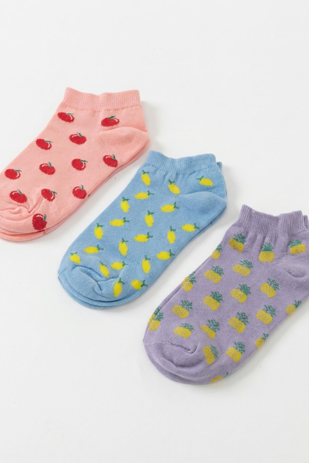 Renkli 3'lü Meyve Desenli Örme Patik Çorap 1117 - 2