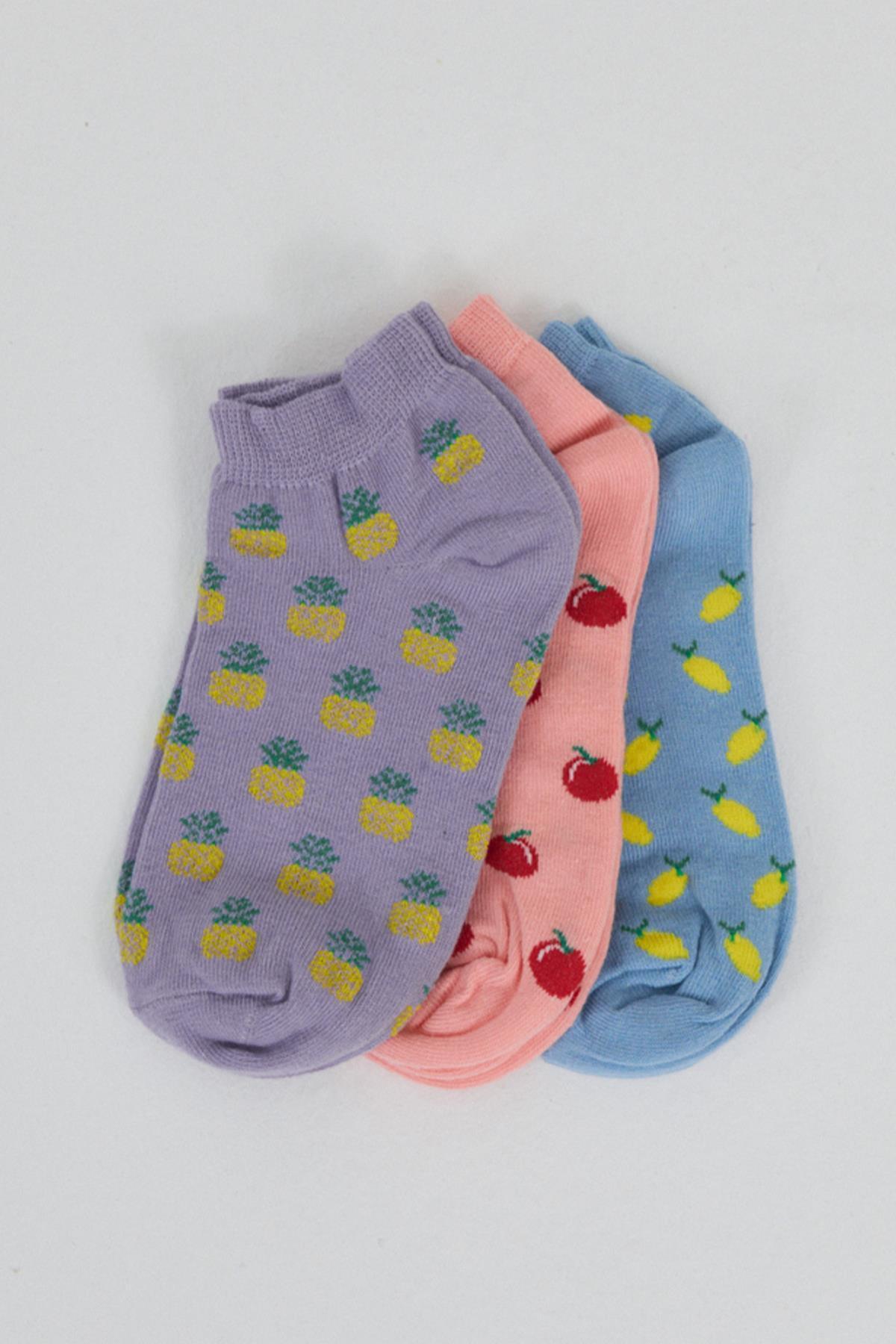Renkli 3'lü Meyve Desenli Örme Patik Çorap 1117 - RAYS