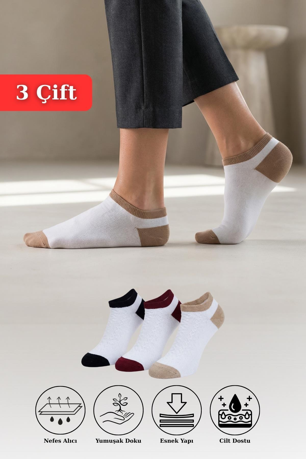 Renkli 3'lü Örme Patik Çorap 1206 - 1