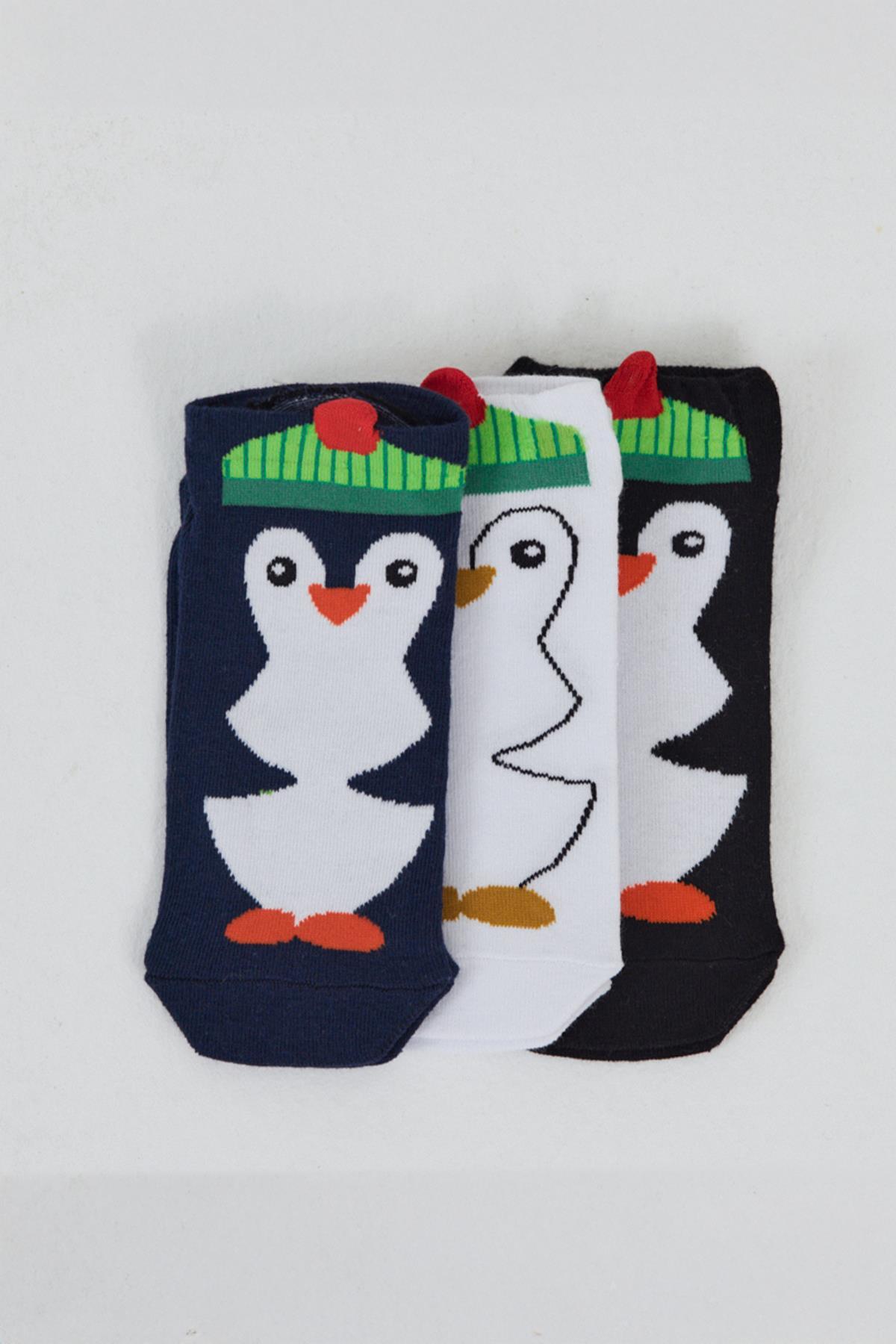 Renkli 3'lü Penguen Desenli Örme Patik Çorap 1104 - 1