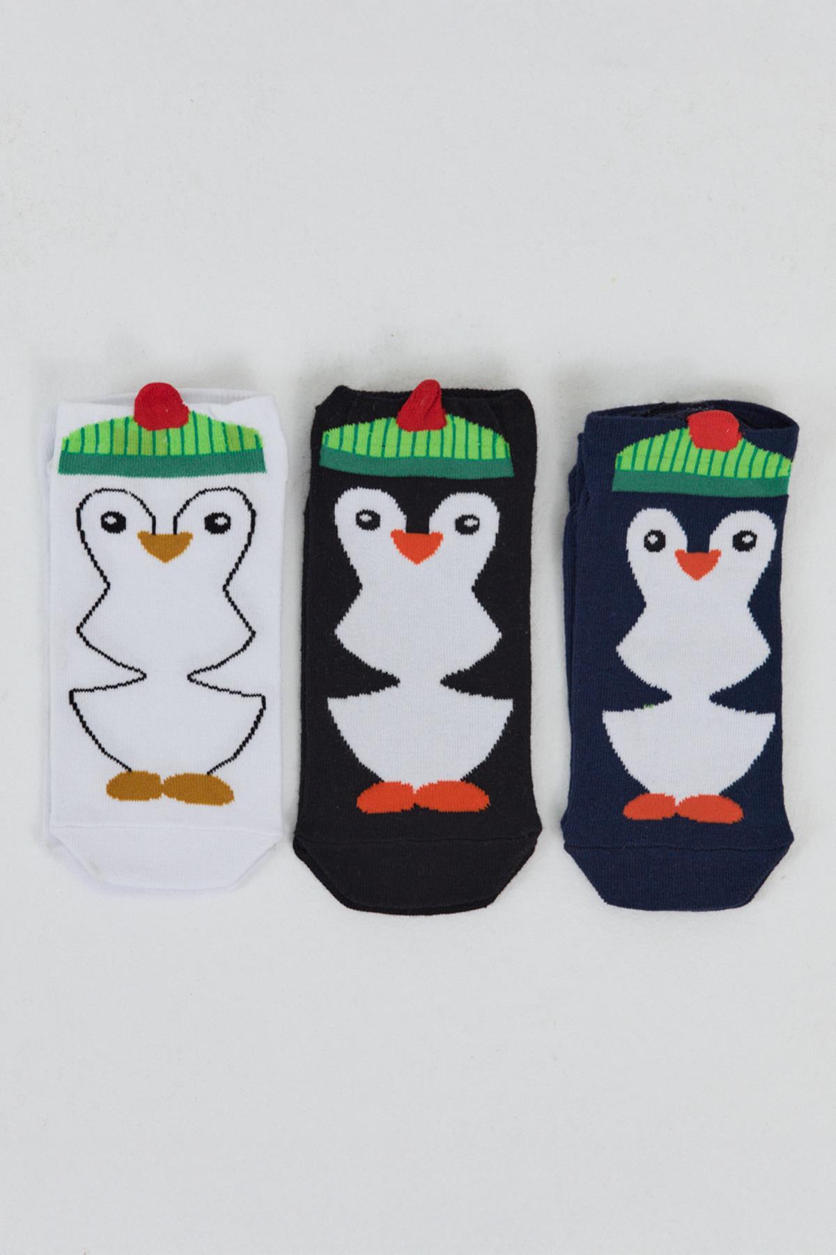 Renkli 3'lü Penguen Desenli Örme Patik Çorap 1104 - 3