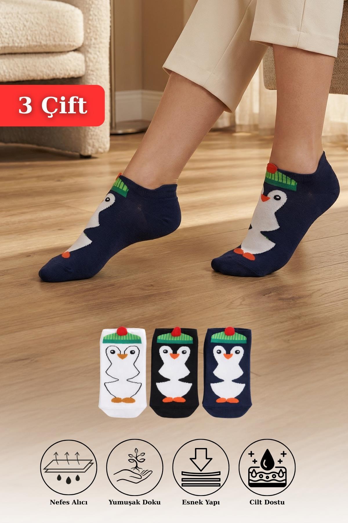 Renkli 3'lü Penguen Desenli Örme Patik Çorap 1104 - 1