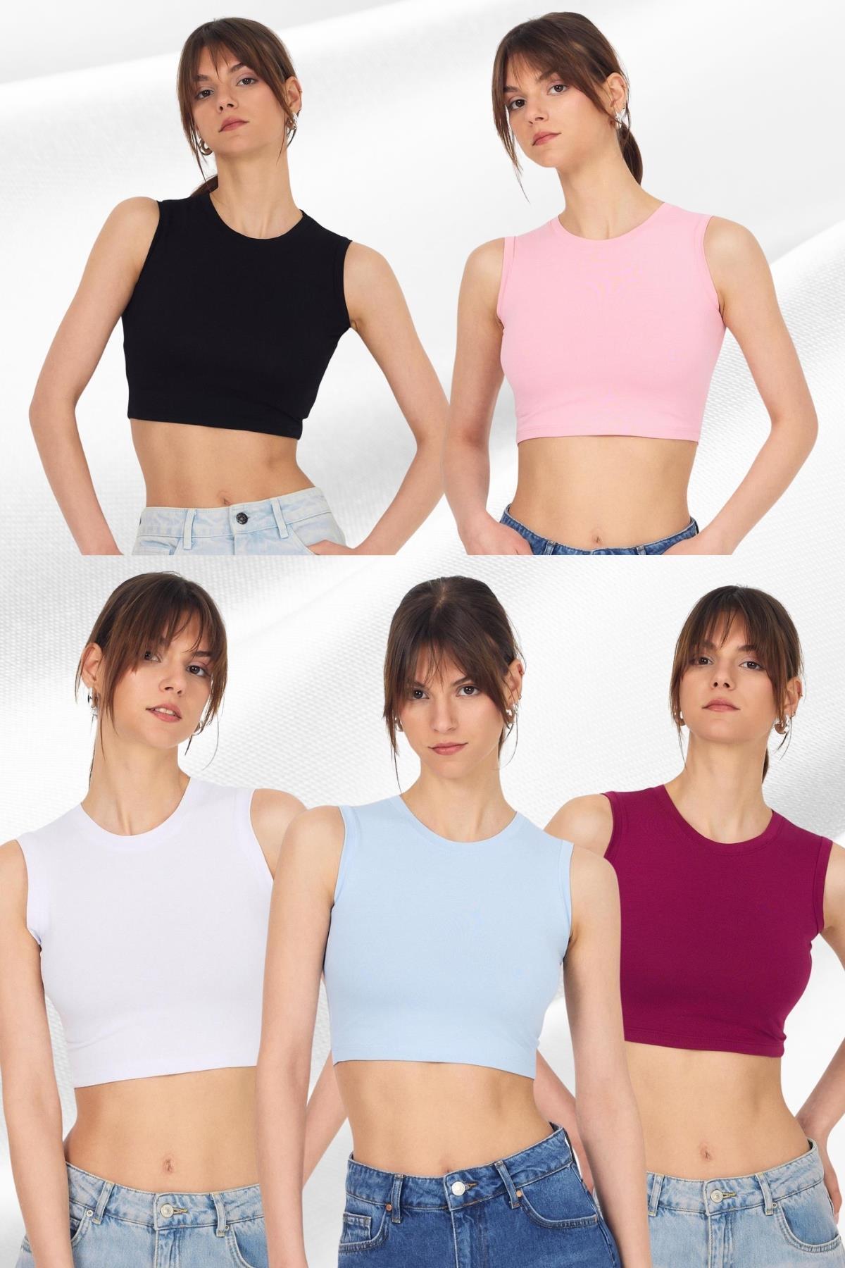 Renkli 5'li Bisiklet Yaka Crop Atlet 9189M - RAYS