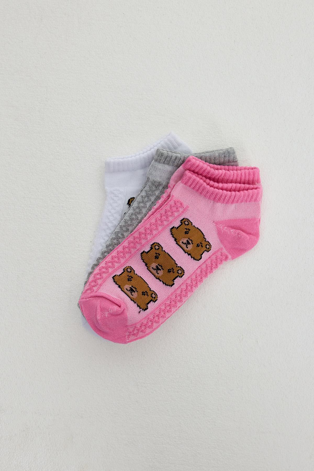 Renkli Ayı Desenli 3'lü Örme Patik Çorap 1204 - 2