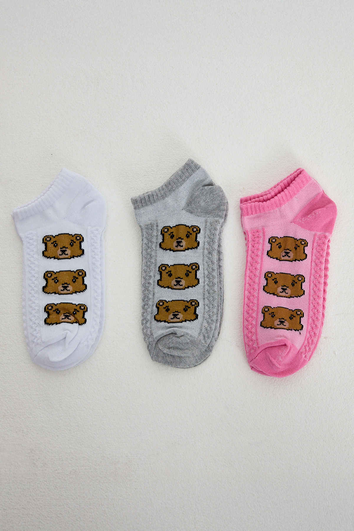 Renkli Ayı Desenli 3'lü Örme Patik Çorap 1204 - RAYS