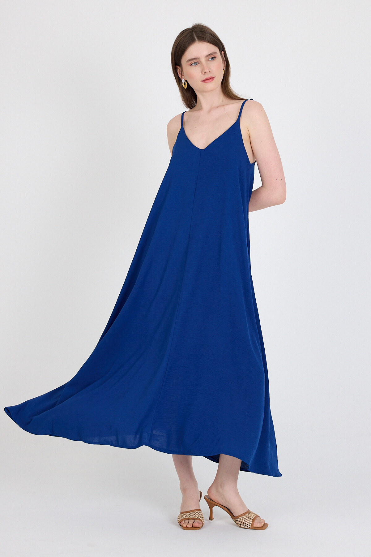 Saks Askılı V Yaka Bol Kesim Dokuma Elbise 20003 - 3