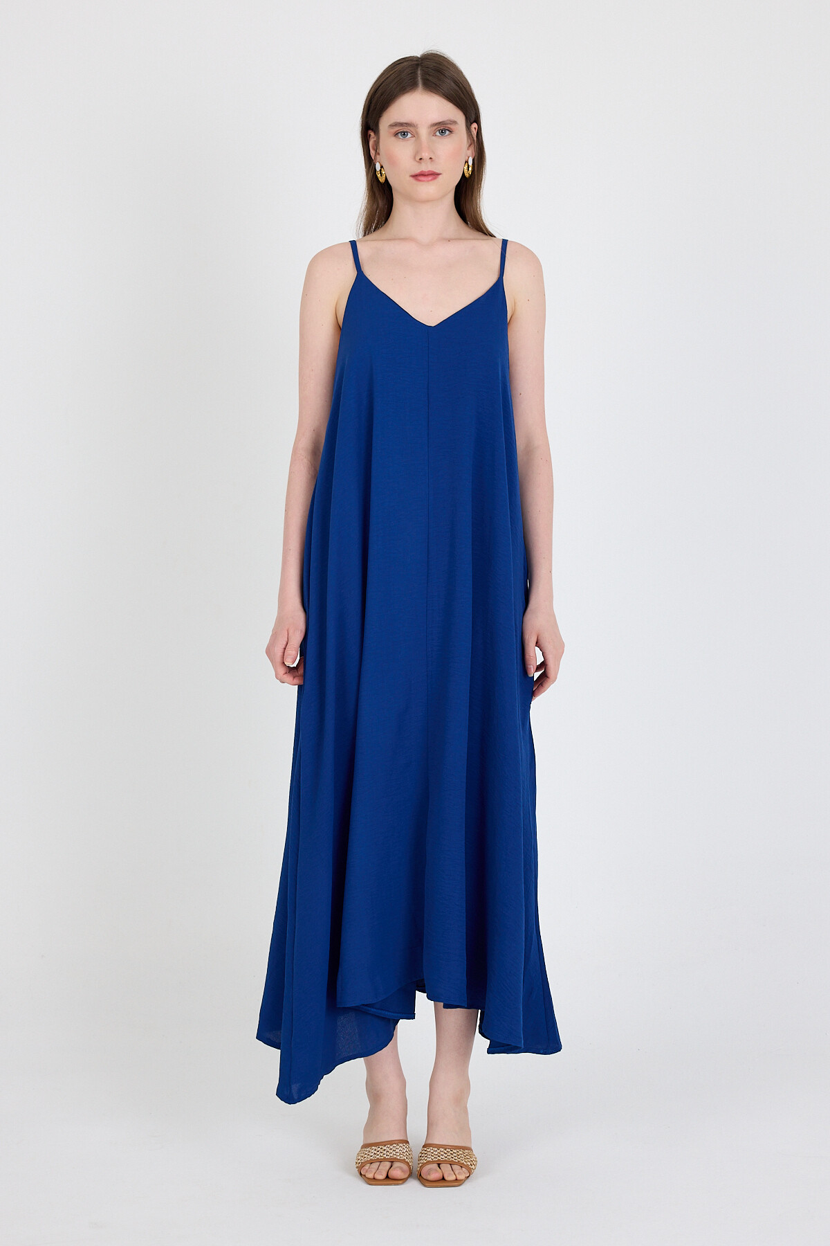 Saks Askılı V Yaka Bol Kesim Dokuma Elbise 20003 - 2