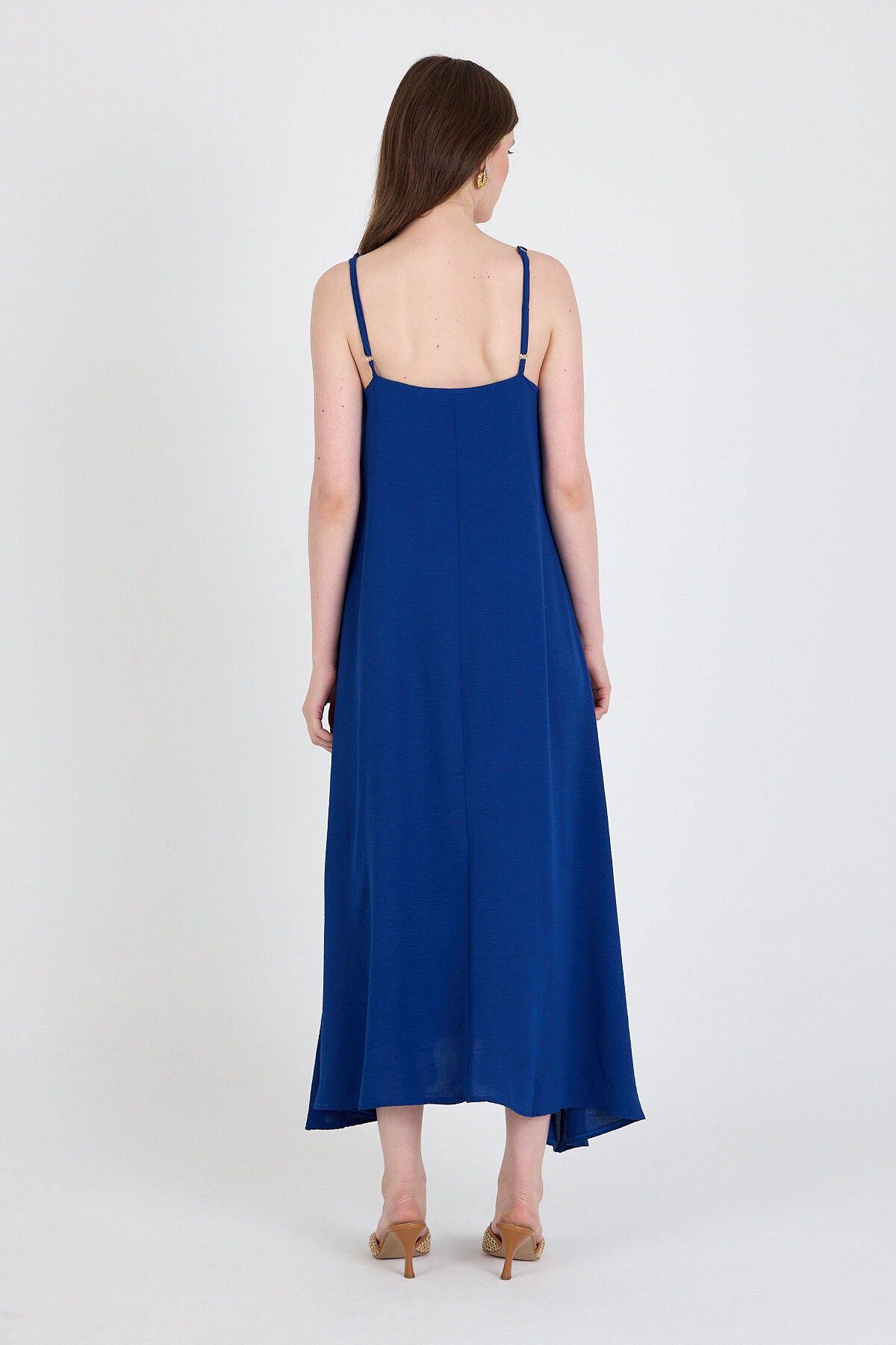 Saks Askılı V Yaka Bol Kesim Dokuma Elbise 20003 - 5